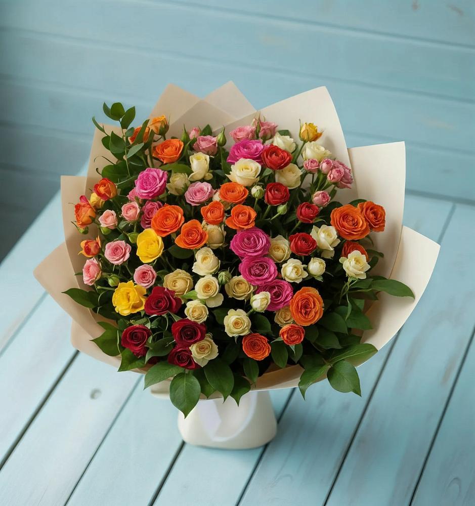 Букет Микс из разноцветных кустовых роз в Заречье