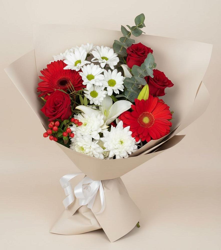 Букет цветов из: Розы, Хризантемы, Герберы и Лилии в Заречье