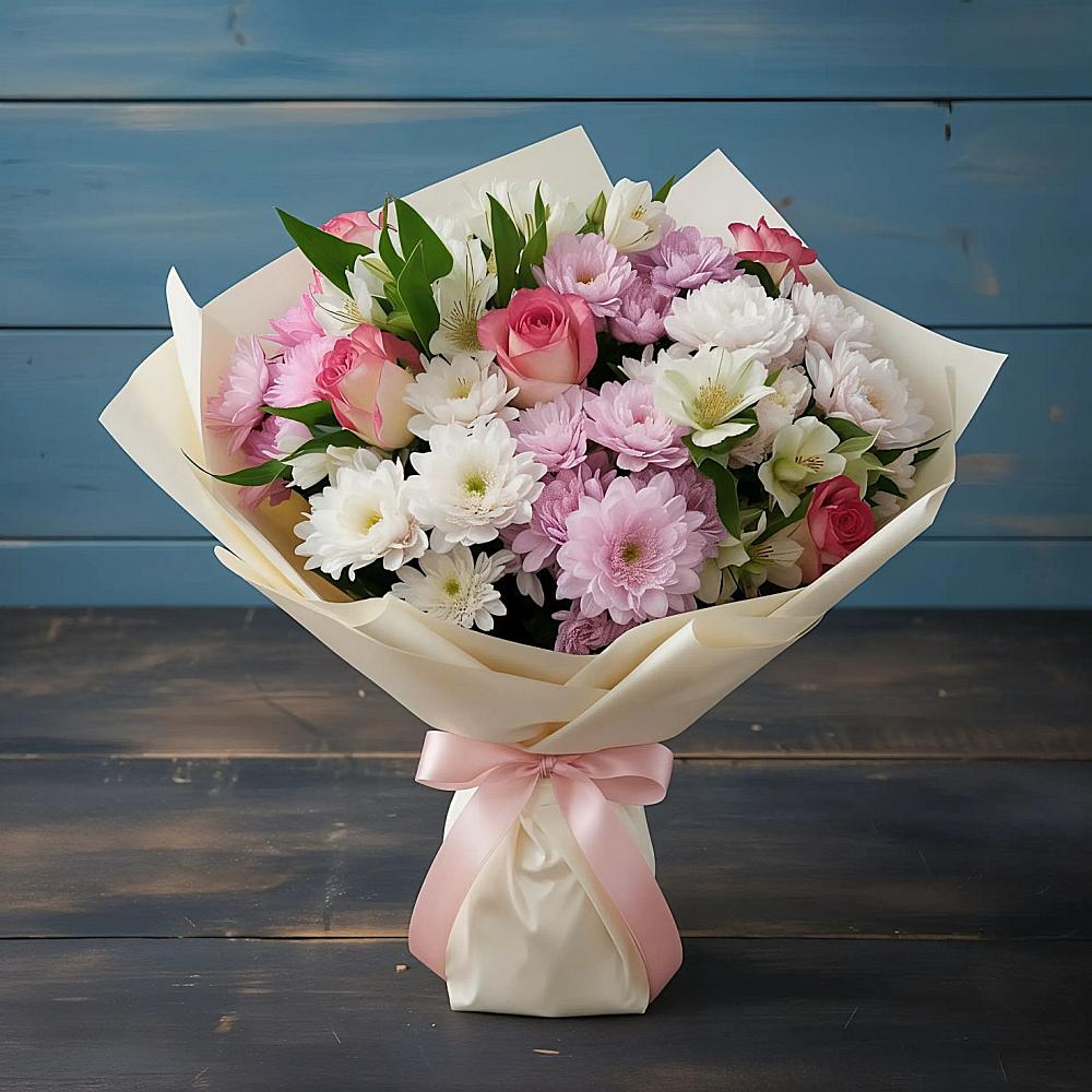 Букет цветов из: Хризантемы, Альстромерии и Розы в Заречье